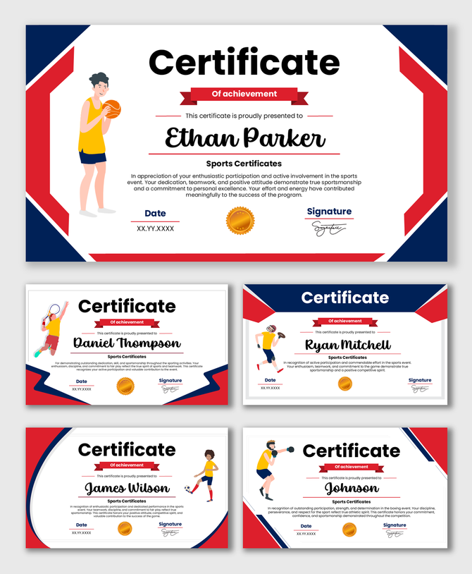 Printable Sports Certificates with red blue theme, athlete illustrations, award seal, name, date fields.