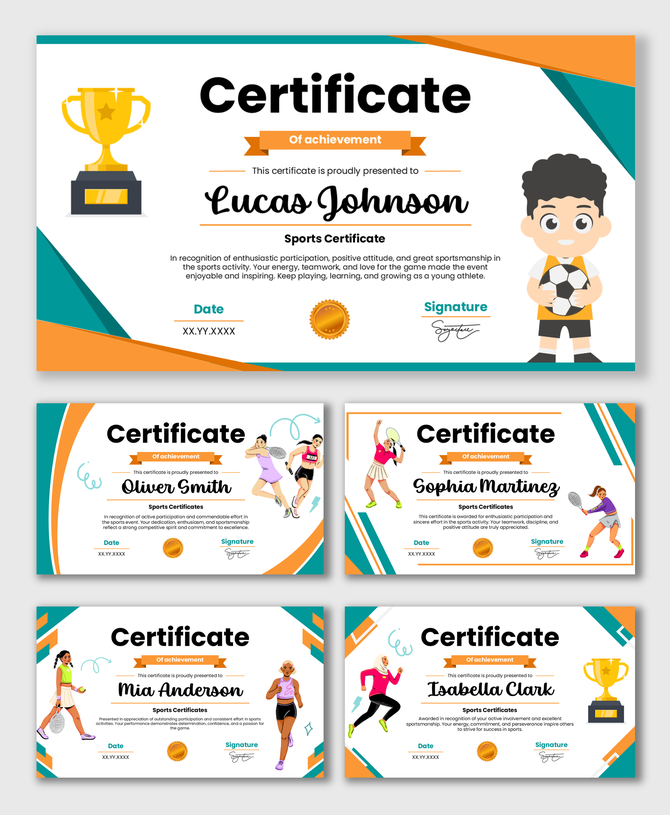Sports Certificate Templates with athlete illustrations, bold colors, award badge, name, date, signature fields.