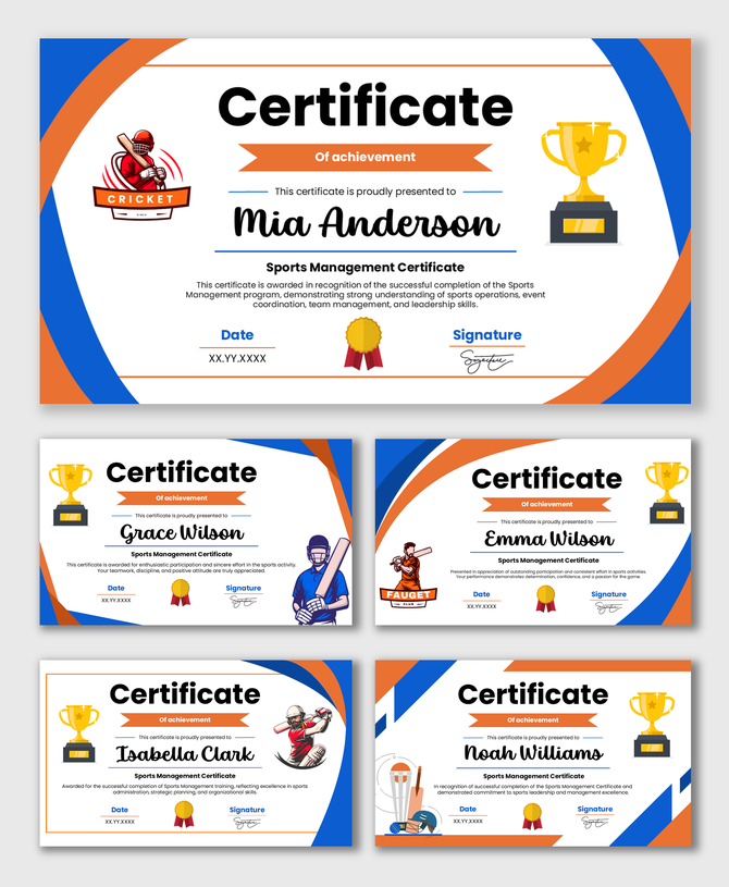 Cricket Tournament Certificate Template with batsman icon, trophy, blue orange curves, name date fields.