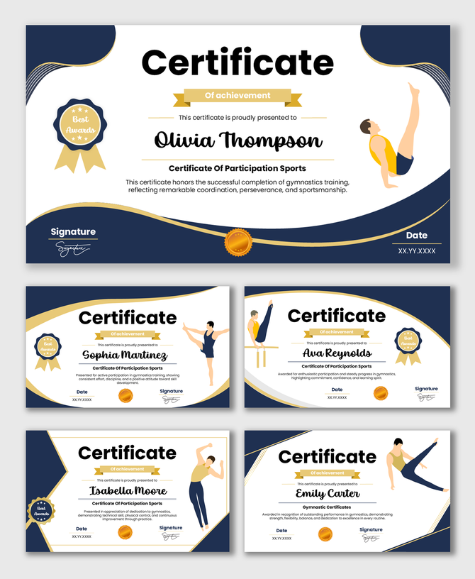 Gymnastic Certificates with gymnast poses, navy gold curves, award badge, name date signature fields.
