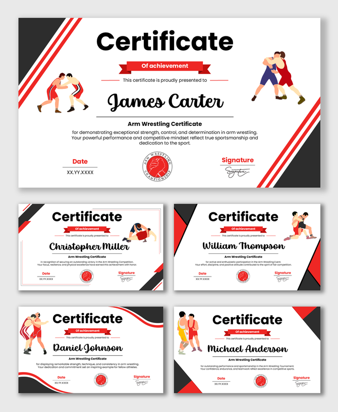 Arm Wrestling Certificate with red black theme, wrestler icons, bold title, name text, date and signature.
