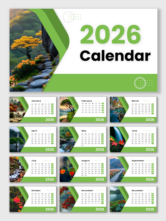 Calendar 2026 Printable designed with nature photos, green tones, clear month boxes, and modern layout.
