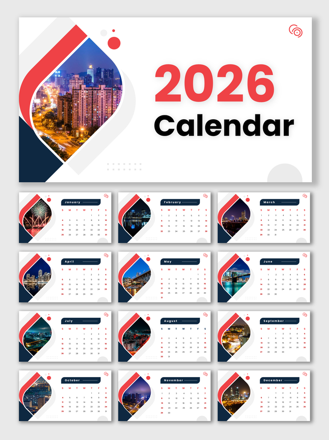 Calendar For Year 2026 with red blue theme, city images, monthly grids, clear dates, and modern shapes
