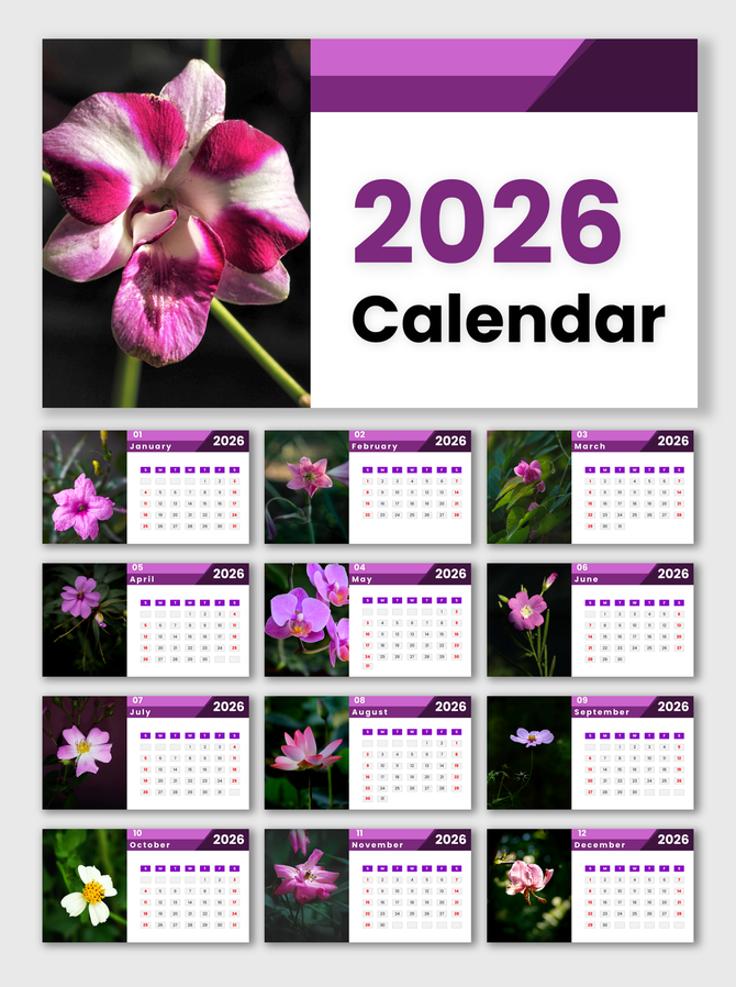 2026 Calendar with purple theme, floral photos, monthly grids, clear date boxes, and clean text holders
