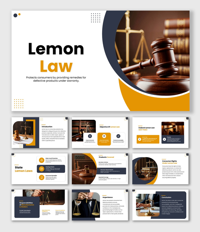 Lemon Law slides with gavel visuals, gold-blue theme, clear text blocks, icons, and structured consumer rights overview.