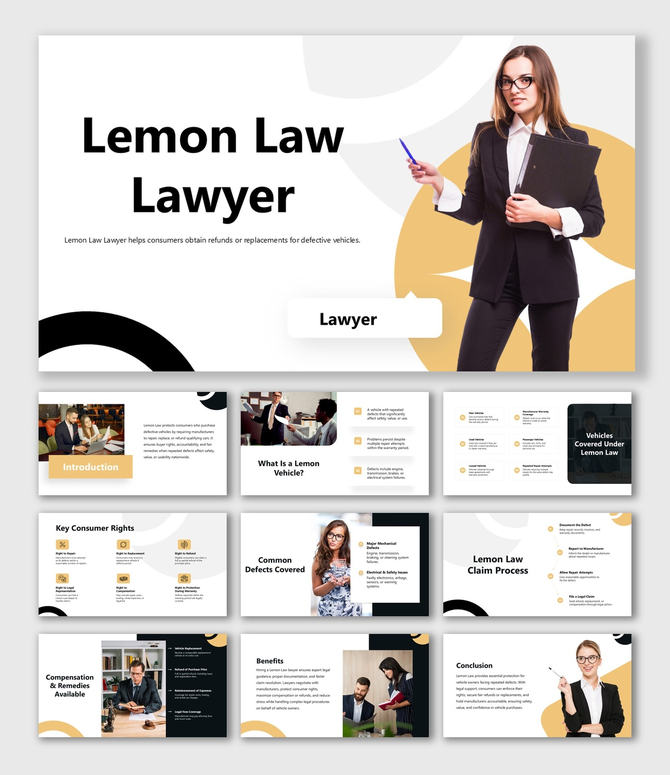 Lemon Law Lawyer slides showing legal expert, consumer rights, dispute steps, icons, clean layout, and modern colors