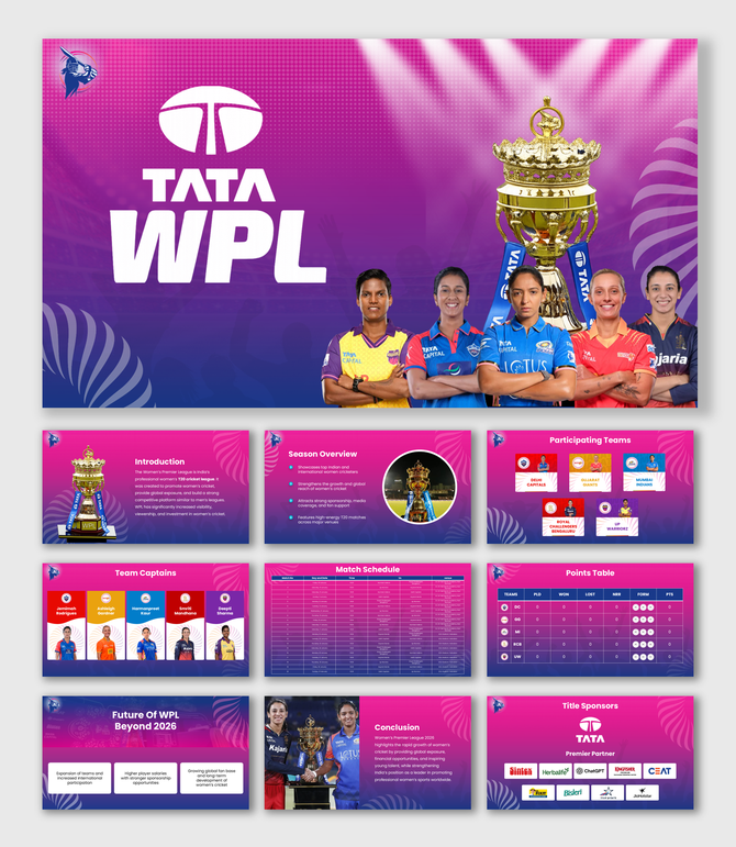 Womens Premier League 2026 presentation showing trophy, teams, captains, schedule, points table, purple theme