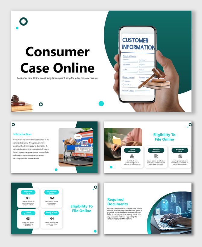 Consumer Case Online filing shown with smartphone form, gavel icon, teal layout for quick complaints.