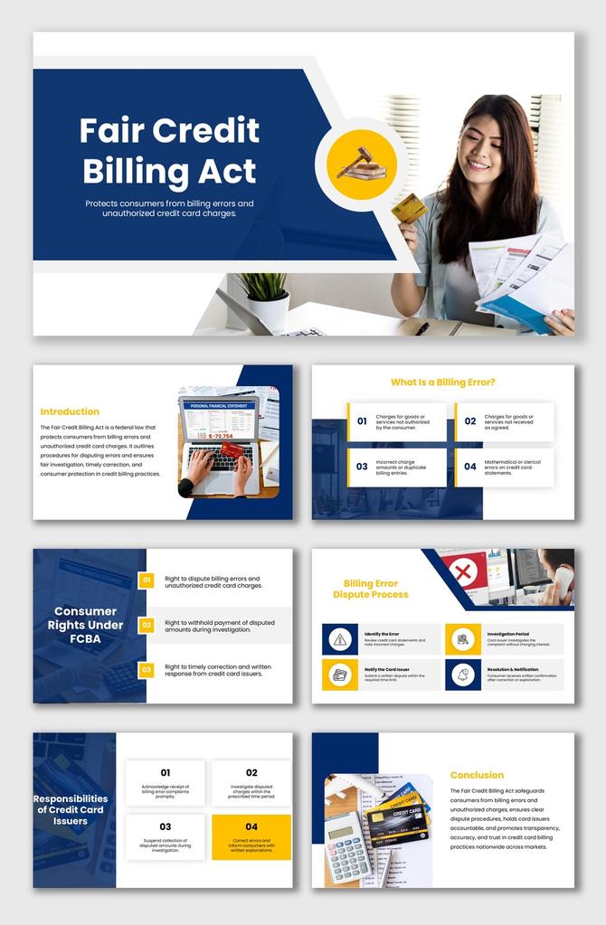 Fair Credit Billing Act slide with blue-yellow design, credit cards, billing error icons, and dispute steps.