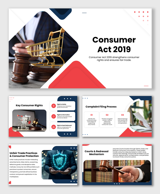 Consumer Act 2019 slide with gavel, shopping cart, red-blue shapes explaining rights and complaint process