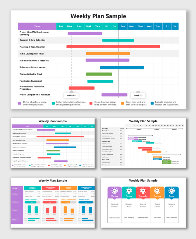Weekly Plan Sample with color-coded tasks, day columns, timeline bars, rounded labels, and clear schedule layout.