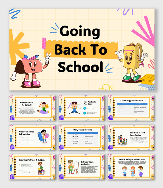 Going Back To School colorful slides with cartoon pencil, school bag, pastel grid, playful shapes, text boxes, and tables.