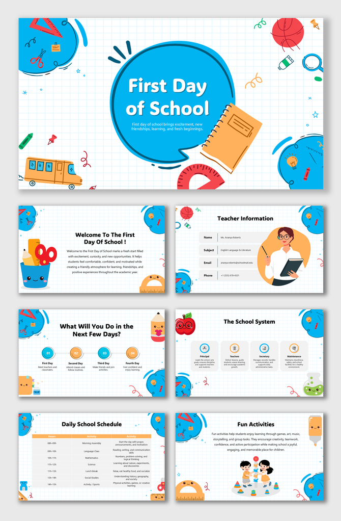 First Day Of School blue grid slides with speech bubble title, icons, tables, rounded text boxes, and playful shapes.