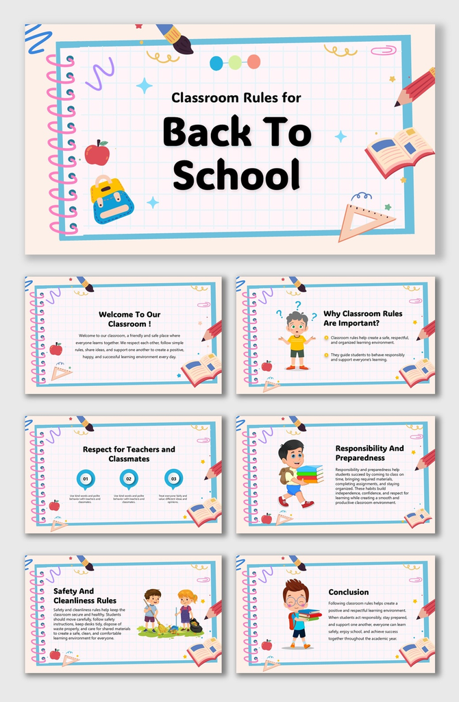 Classroom Rules For Back To School colorful slides with student icons, rule cards, pastel shapes, and clear text boxes.