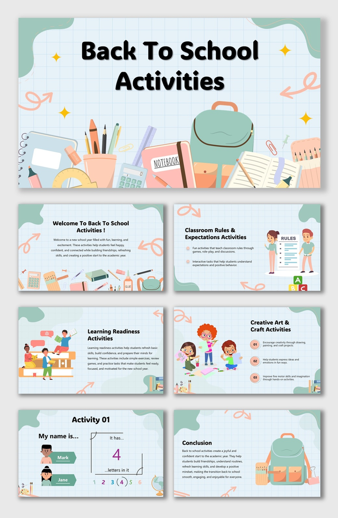 Back To School Activities slides with pastel grid, backpacks, notebooks, icons, clear text boxes, and fun classroom visuals.