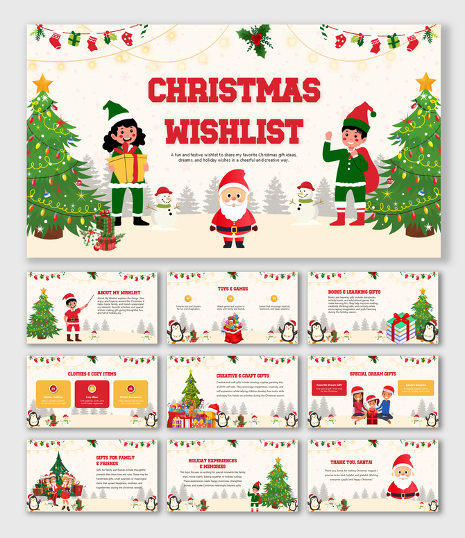Christmas Wishlist Template with red green festive theme, Santa, kids, gifts, icons, rounded cards, and wishlist sections.
