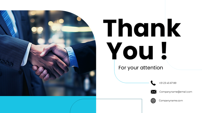 Thanking You Slide with professional handshake image, bold text, blue accents, curved shapes, and contact icons.