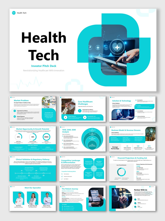 Investor Deck With Teal Blue Healthcare Theme, Medical Visuals, Rounded Shapes, Charts, And Clear Pitch Sections.