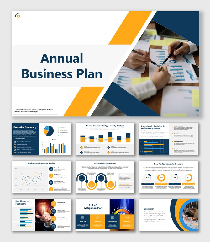 Alt: Overview of a 10-slide Annual Business Plan deck featuring blue and yellow layouts for financial reviews and KPIs.