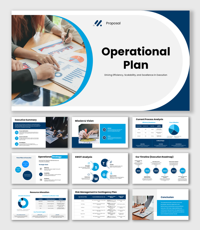 Overview of a 10-slide Operational Plan deck featuring blue layouts for process analysis, SWOT, and risk management.