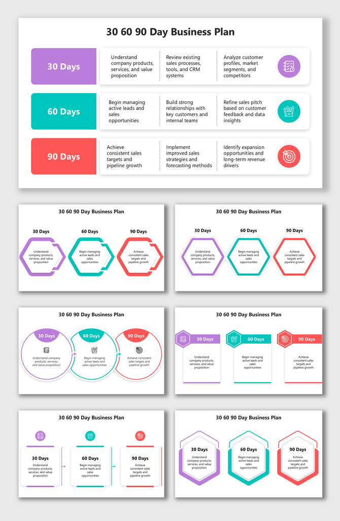 30 60 90 Day Business Plan with color-coded phases, icons, timelines, text cards, and clear milestone goals.