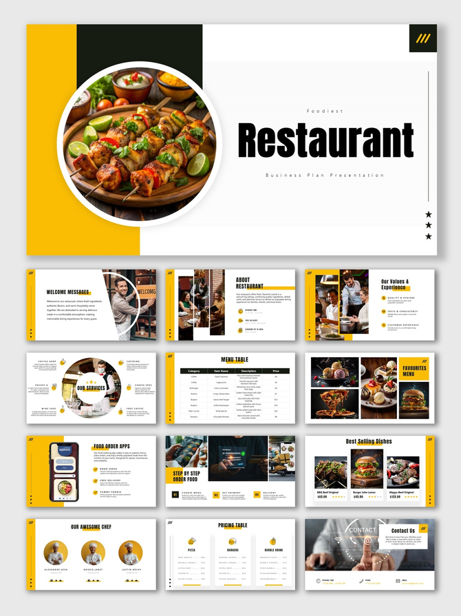 Alt: Overview of a 13-slide Restaurant Business Plan deck with yellow layouts for menus, kitchen operations, and marketing.