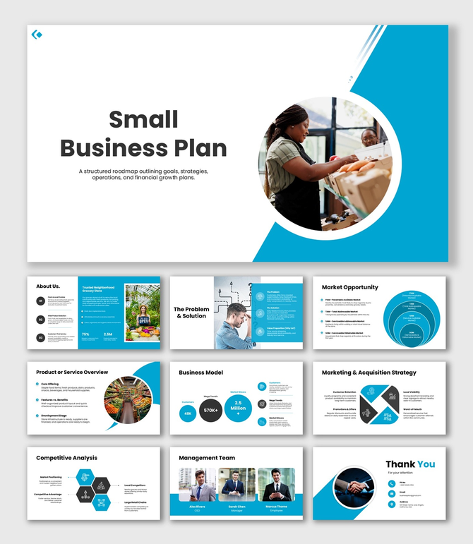 Small Business Plan with blue white theme, circular image, charts, icons, rounded shapes, and planning sections.