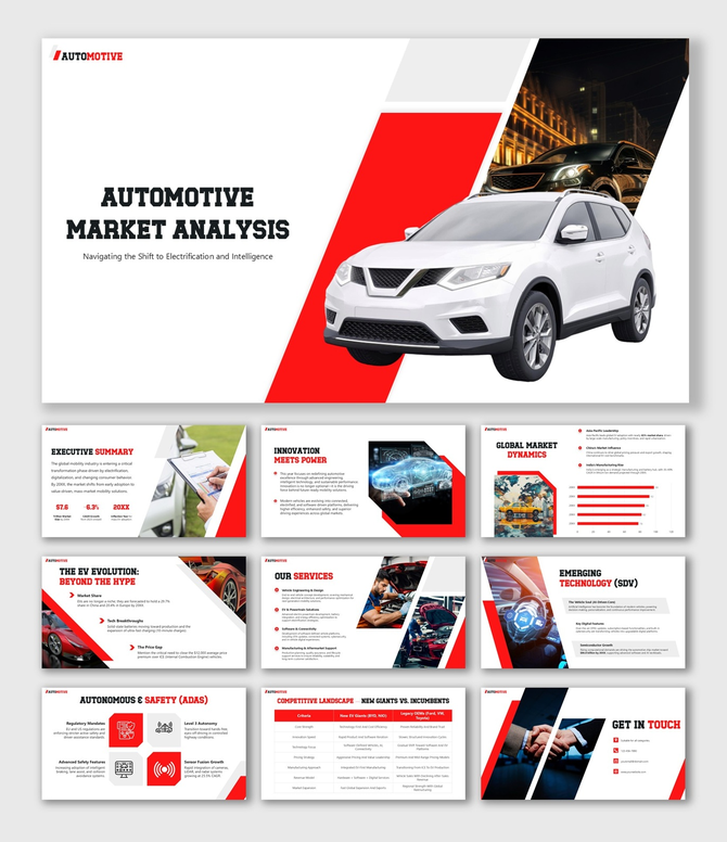 Automotive Market Analysis with red white theme, car visuals, bold shapes, charts, icons, and market insights.