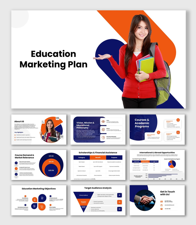Education Marketing Plan with student image, blue orange theme, rounded shapes, charts, icons, and strategy sections.