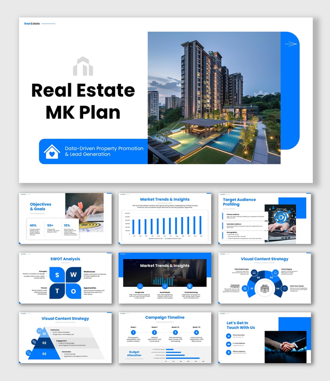 Real Estate MK Plan with luxury apartment image, blue white theme, clean text blocks, icons, and charts.