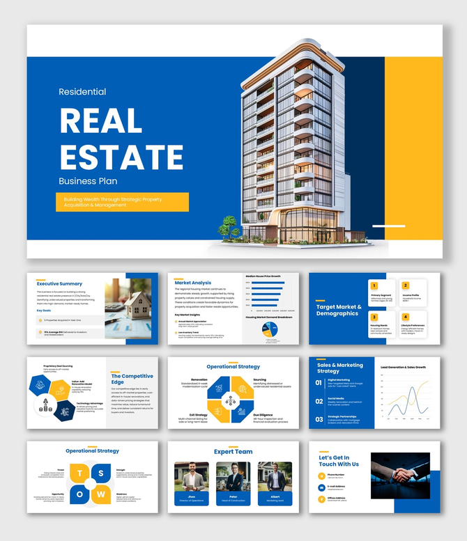 Residential Real Estate Business Plan with apartment tower image, blue yellow theme, clean text blocks and charts.