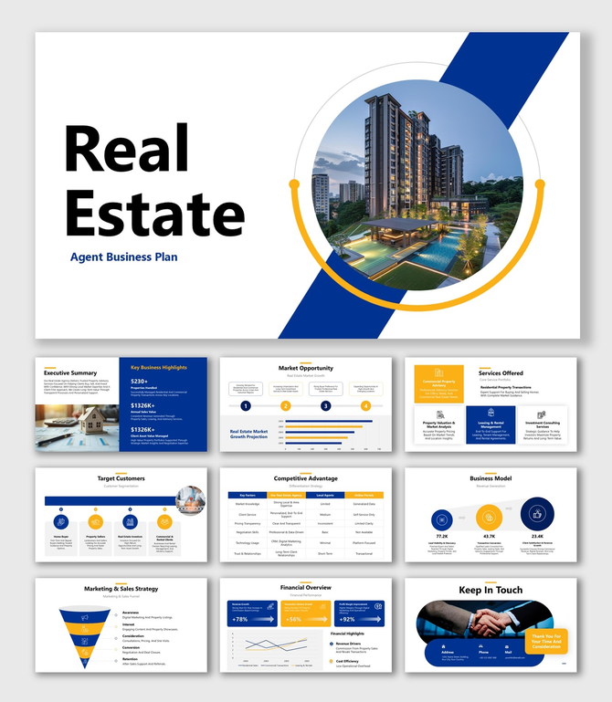 Real Estate Agent Business Plan with high-rise property image, blue yellow theme, circular shapes, icons, and charts.