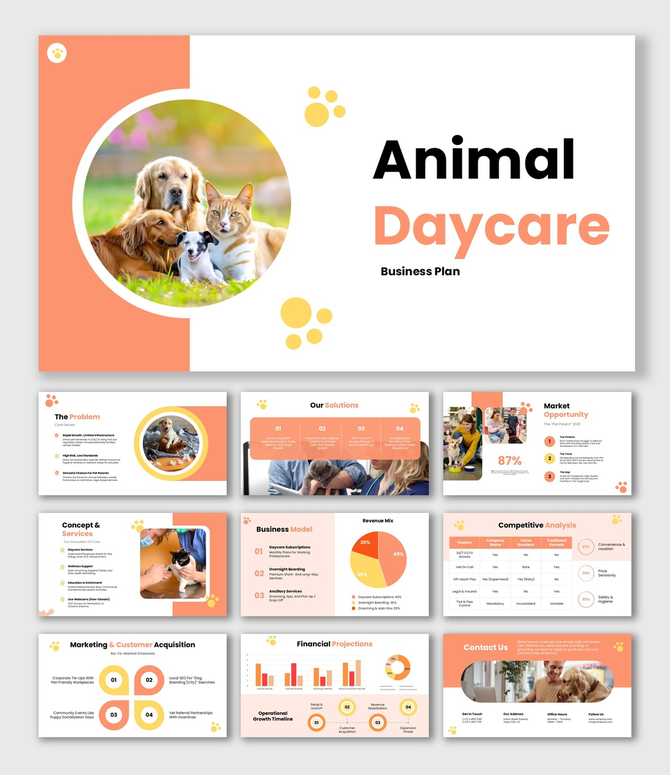 Animal Daycare Business Plan with dog cat image, peach white theme, circular frames, paw icons, clear text blocks.
