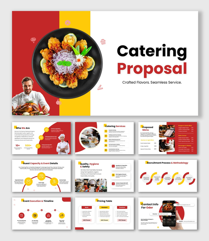 Catering Proposal with gourmet food image, chef photo, red yellow theme, circular shapes, icons, clean text blocks.