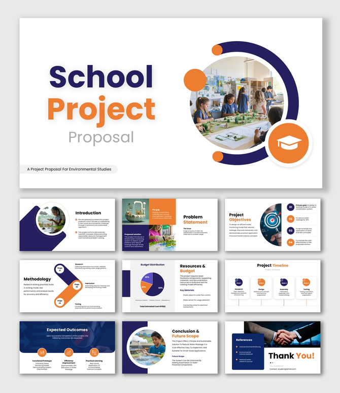 School Project Proposal slide with student activity image, blue orange theme, icons, charts, shapes, and clean layout.