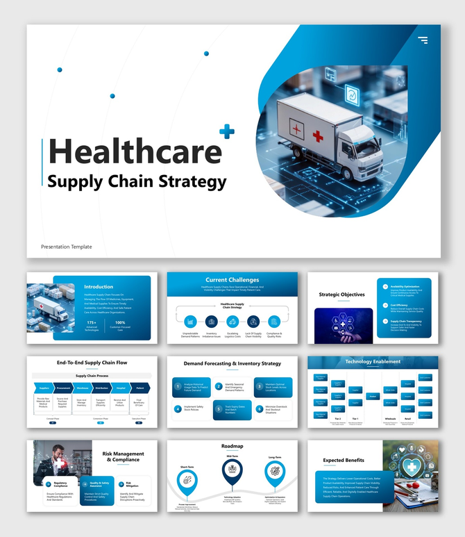 Healthcare Supply Chain Strategy slide with blue-white theme, medical truck graphic, flow charts, icons, and clean text block