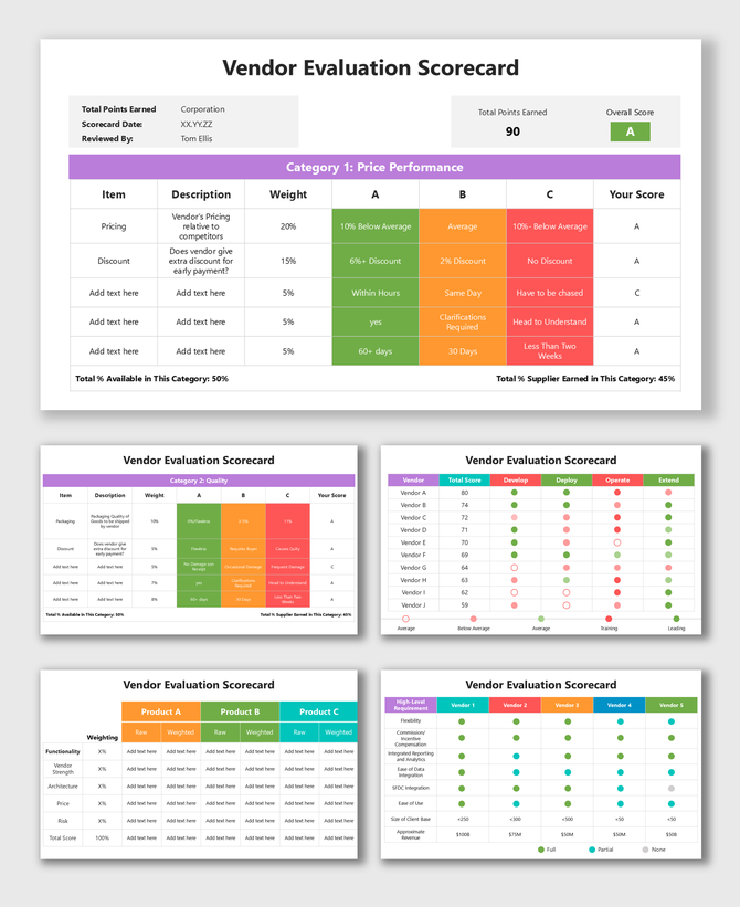 Vendor Evaluation Scorecard with color-coded tables, weighted scores, ratings, and clean structured grid layout.