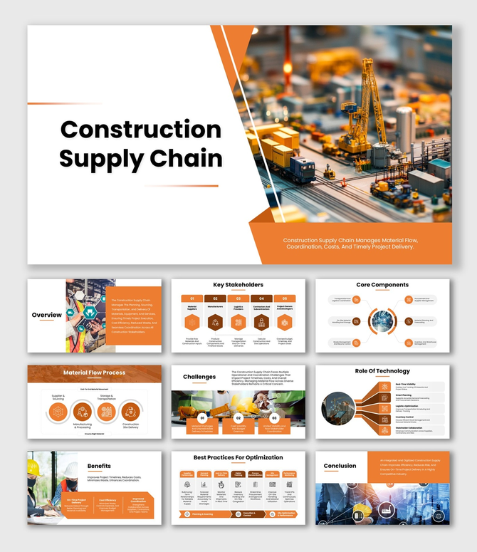 Construction Supply Chain slide with orange-white theme, crane site image, process flow diagrams, icons, and structured text 