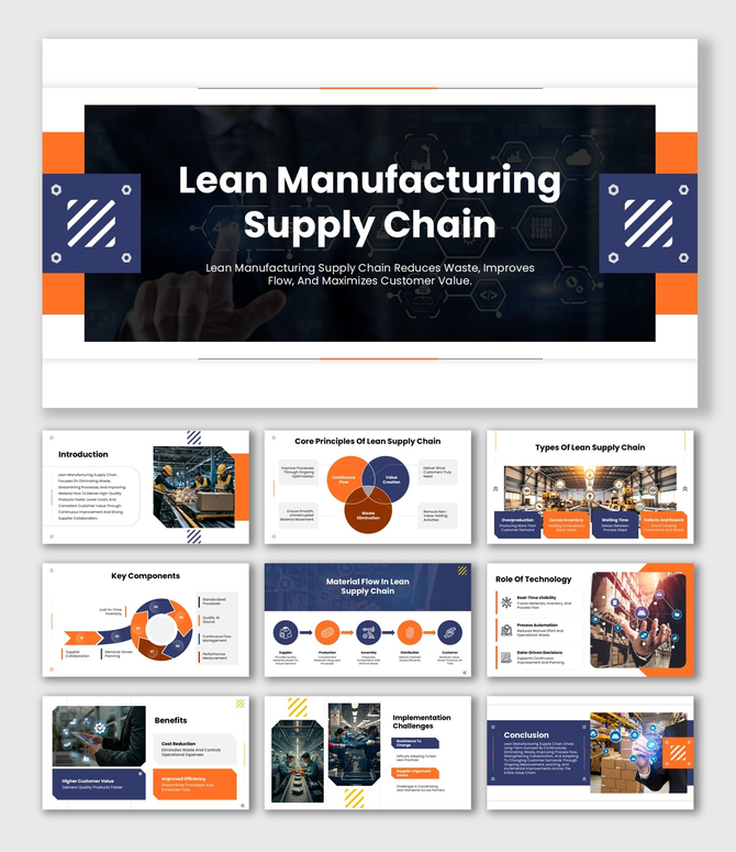 Lean Manufacturing Supply Chain slide with dark theme, orange accents, factory visuals, flow diagrams, icons, and clean text 