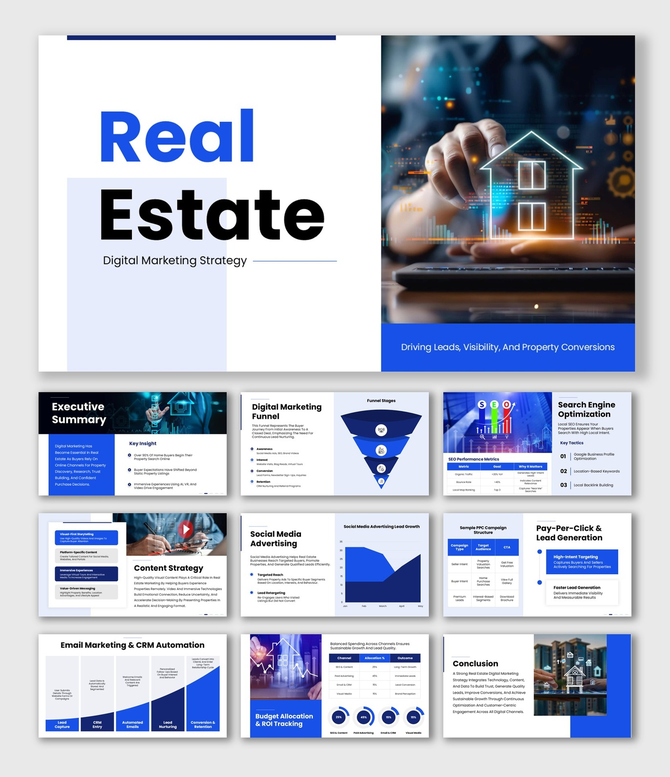 Real Estate Digital Marketing Strategy with blue layouts, house visual, funnels, SEO charts, PPC blocks, and KPI dashboards.
