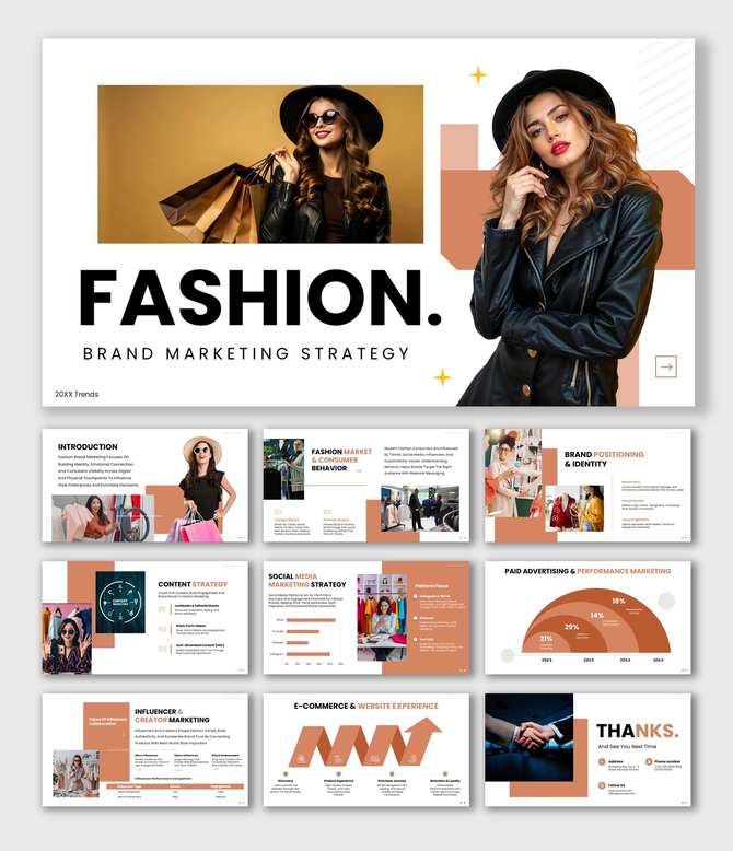 Fashion Brand Marketing Strategy with models, beige tones, charts, icons, text blocks, and modern shapes.