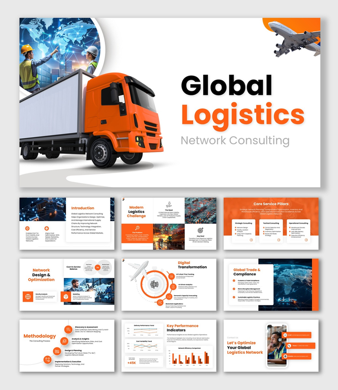 Global Logistics Network Consulting slide with orange truck, airplane icon, world map, charts, clean white layout.