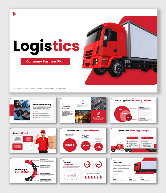 Logistics Company Business Plan with red truck, charts, icons, bold text, clean modern layout.