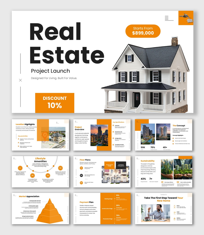 Real Estate Project Launch slide with modern house visual, orange-white theme, pricing highlight, amenities, and offers