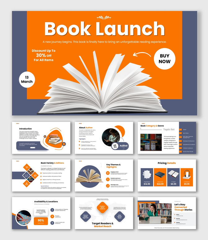 Book Launch presentation with orange theme, open book visual, discount offer, pricing details, and buy now CTA.