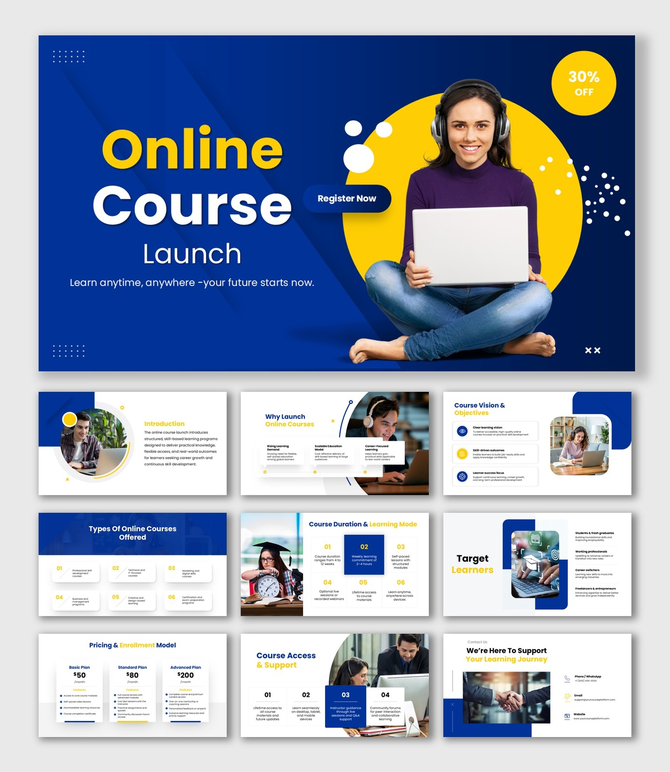 Online Course Launch slide with blue yellow theme, student using laptop, pricing cards, CTA button.