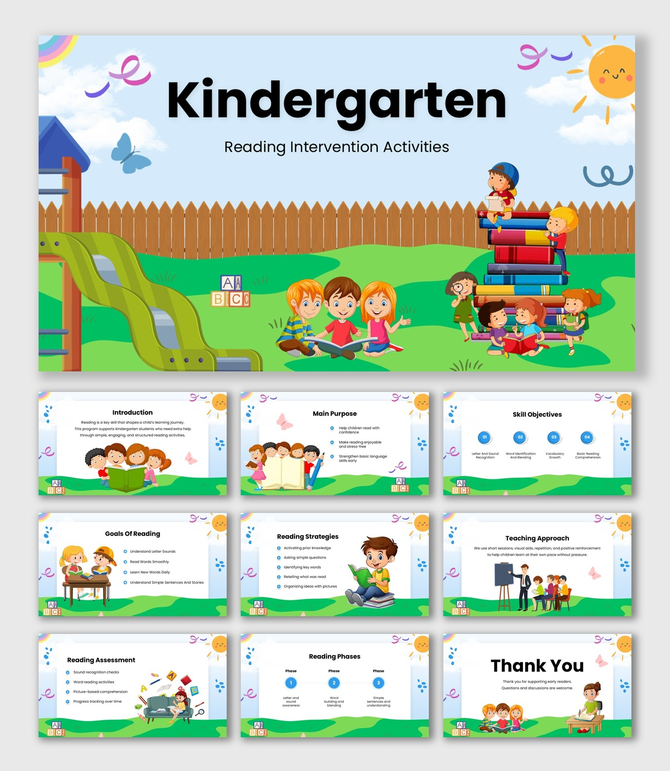 Kindergarten Reading Intervention Activities Colorful Kids Theme With Books, ABC Blocks, Phonics, Assessment Slides