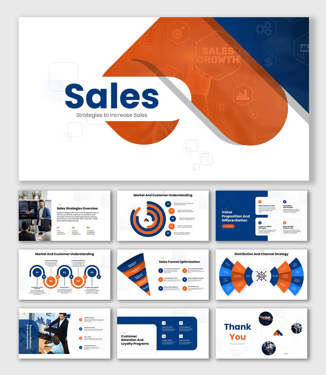 Sales strategies to increase sales slides with funnel, charts, and blue-orange infographic design.