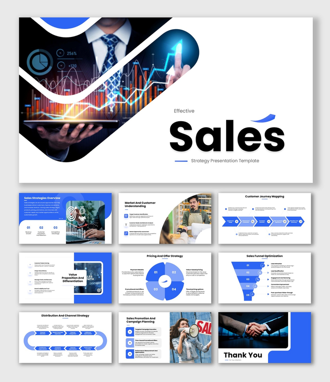 Effective sales strategy presentation with blue theme, funnel charts, pricing models, and customer journey visuals.