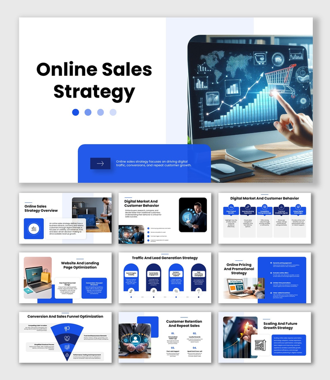 Online Sales Strategy slides with blue theme, growth chart, funnel, pricing, and website optimization visuals.